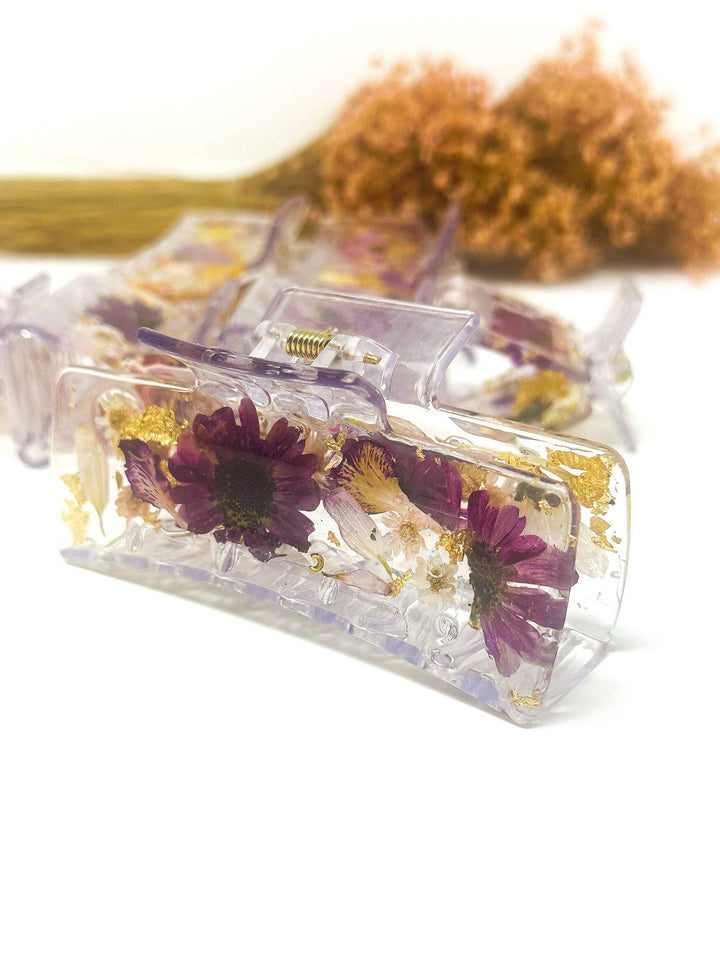 Clear Claw Clips Fully Covered in Pressed Flowers: Large